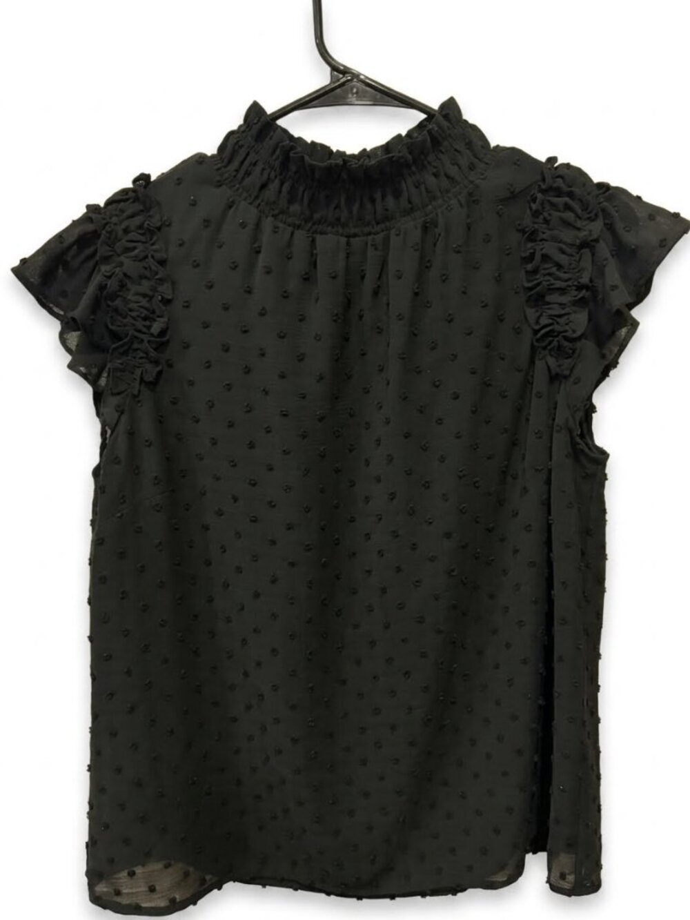 Women's Ruffled Flutter Puff Sleeve Mock Neck Blouse Black Small - LIKE NEW!